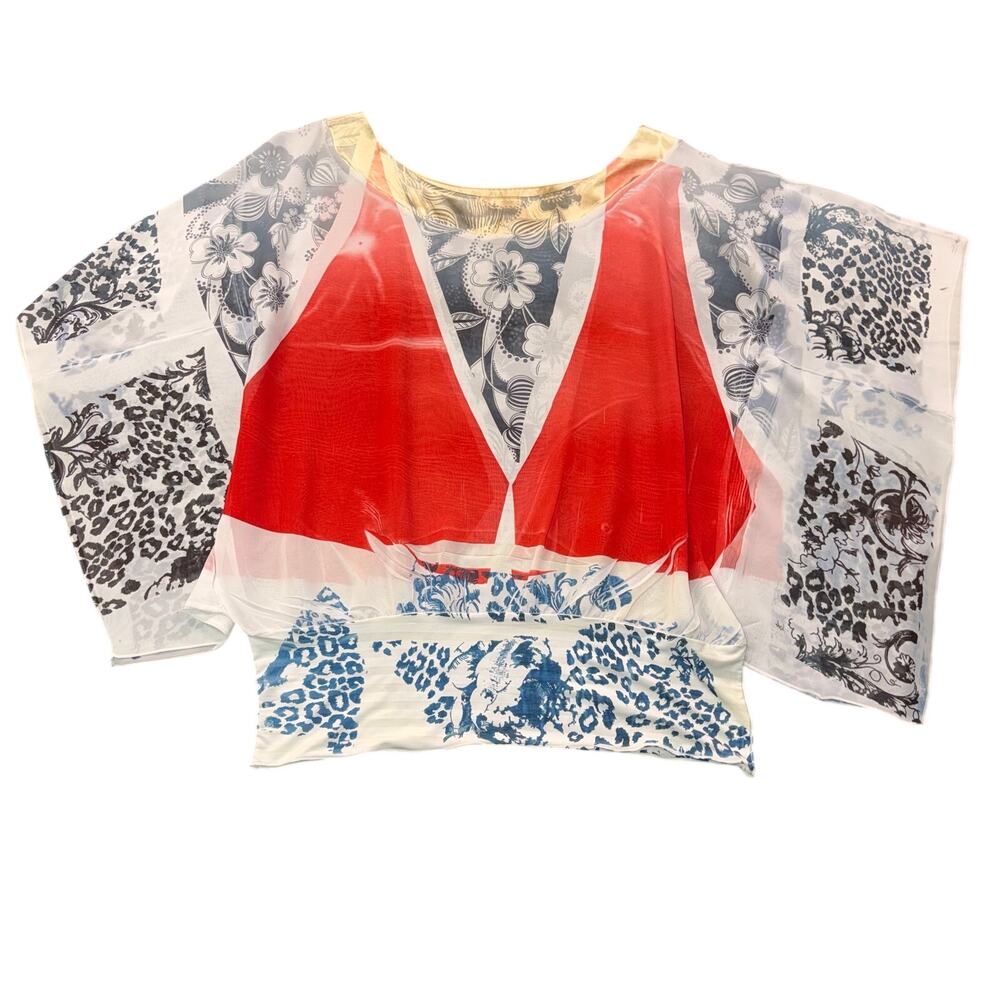 Antony Giuston Euro Y2K Abstract Patchwork Chiffon Kimono Sleeve Blouse Top M